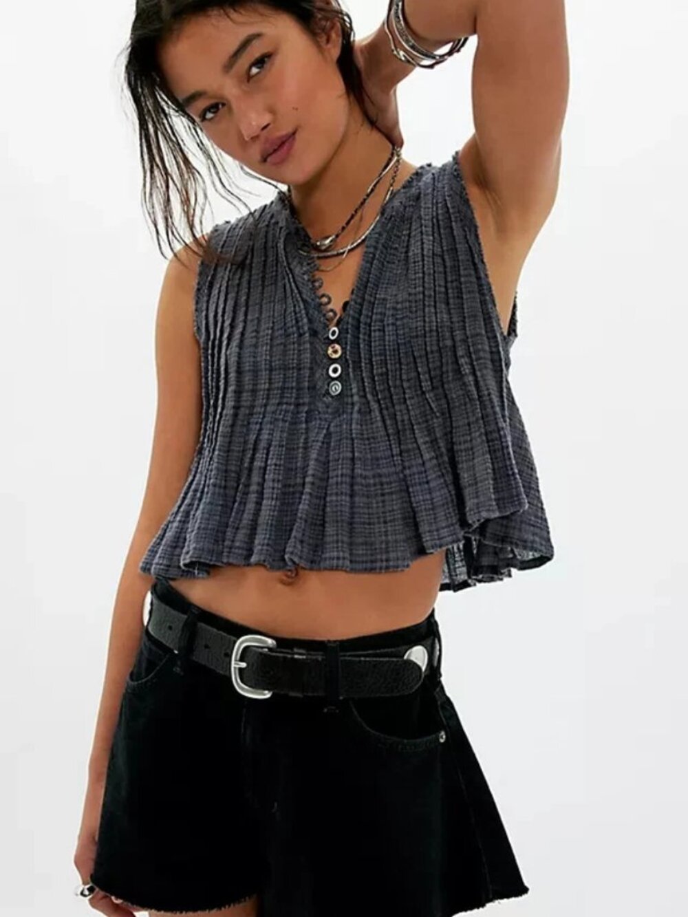 Free People FP One Parker Tank Gray Sleeveless Cropped Button Top M